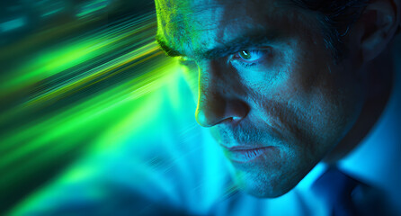 Business portrait of decisive manager framed by vivid green dynamic streaks and blue blurred peers