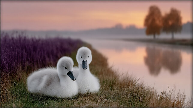 Two young swans resting on grass near a tranquil lake at sunset