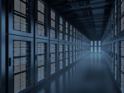 A long corridor with rows of server cabinets in a dark data center facility viewed from the end - Powered by Adobe