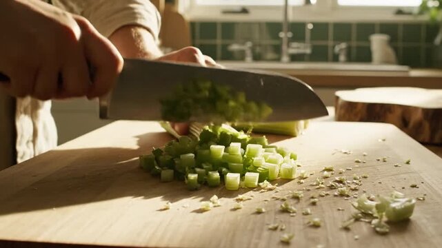 Dicing Celery On A Wooden Cutting Board In Bright Kitchen Light With Sharp Knife