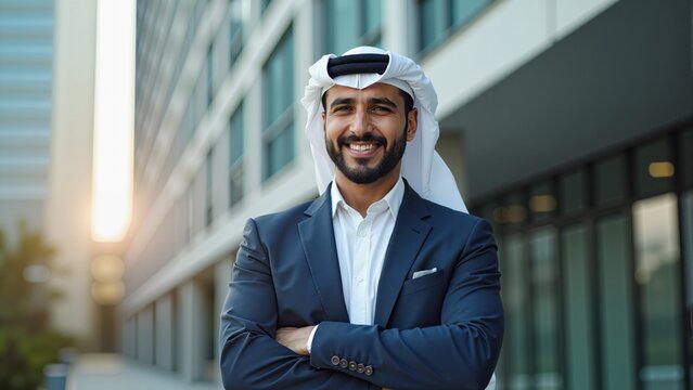 Happy company leader CEO boss executive standing in front of company building. Arabic style. Muslim businessman.
