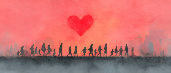 Fototapeta premium community banner with silhouette of people and a big red heart in the sky, symbolizing solidarity, togetherness, watercolor illustration