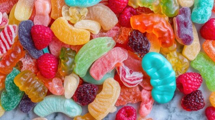 Colorful gummy candies and fresh raspberries on a marble surface