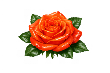 Vibrant orange rose blooming with green leaves, representing beauty, love, and passion on transparent background