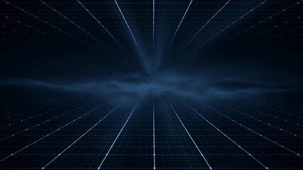 Futuristic grid animation with glowing beams and misty blue horizon - Powered by Adobe