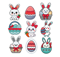 Cute easter bunnies and decorated eggs collection