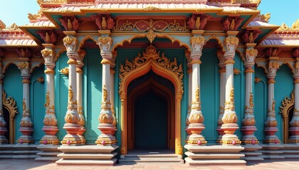 Ornate south indian hindu temple facade with colorful pillars and detailed archway. Majestic ancient architecture and cultural landmark for travel destinations.