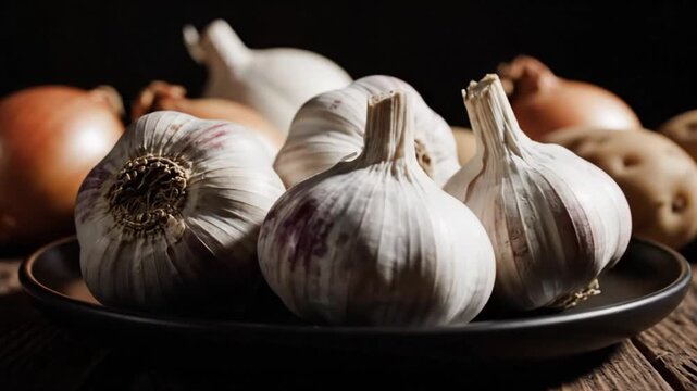 Close Up Studio Shot Of Rustic Food Displaying Garlic Onions And Potatoes In Dark