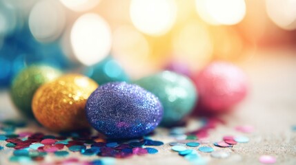 Colorful glitter eggs and confetti on a table during a spring celebration