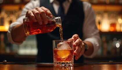 Bartender pours whiskey cocktail into glass with big ice cube. Professional prepares drink at bar. Classic old fashioned cocktail drink making process.