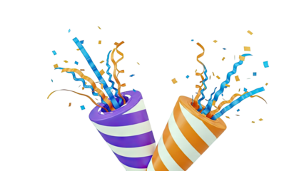 Confetti Poppers with Blue and Orange Streamers and Square Confetti