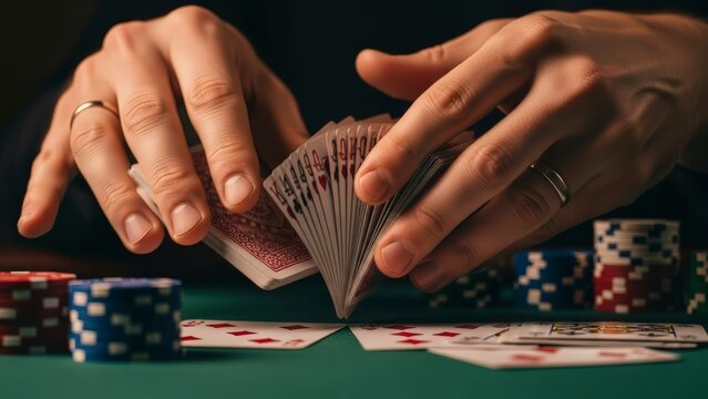 Poker Player Shuffling Cards at Table.