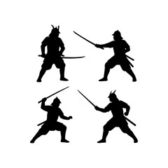 Samurai japanese warriors set with katana swords silhouettes on white