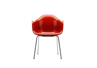 A highly detailed, mid-century modern armchair featuring a vibrant orange glossy plastic seat and polished chrome tubular legs, isolated on a stark white studio background, conveying conceptual