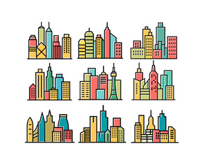 Colorful city skylines set featuring various urban buildings