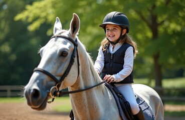 Obraz premium Happy girl wears safety helmet learning horseback riding. Kid sits on white horse smiling during equestrian lesson. Child enjoys riding sport in countryside. Equestrianism is fun activity.