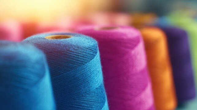 Colorful spools of thread arranged in a row for sewing projects - Powered by Adobe