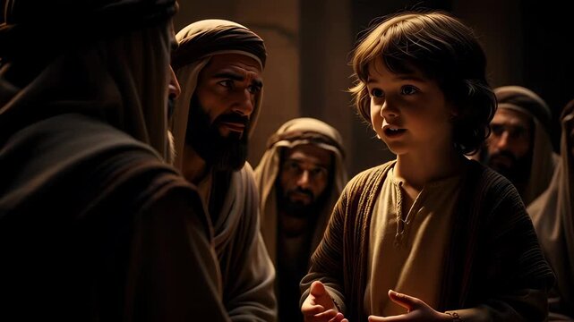 12-year-old Jesus communicates with the scribes and elders Young boy speaking to a group of listening men in ancient traditional robes, with varying expressions and gestures
