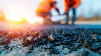 Workers repair road surface during sunset at construction site