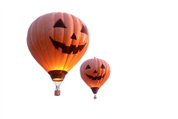 Fototapeta premium Halloween Balloon Spectacle: Two creatively designed hot air balloons, each adorned with a festive jack-o'-lantern face, ascend into the bright sky. It's a whimsical tribute to the Halloween spirit.