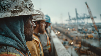 Medium shot capturing longspan ship tunnel construction focusing on workers and concrete framework with the expansive site fading gently out of focus.