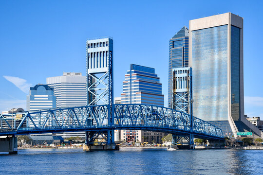 Main street bridge over the St Johns River with downtown Jacksonville in the background in Duval County, Florida.