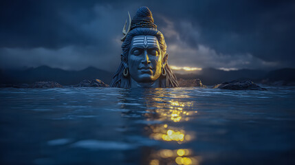 Shiva statue in water with mountains and cloudy sky
