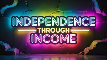 Neon sign style financial concept with glowing text on cracked wall, text "INDEPENDENCE THROUGH INCOME"
