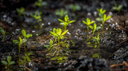 Young green seedlings growing in wet soil with water droplets