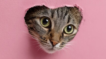 A curious cat peeking through a hole in a pink wall with big green eyes Valentine day Special