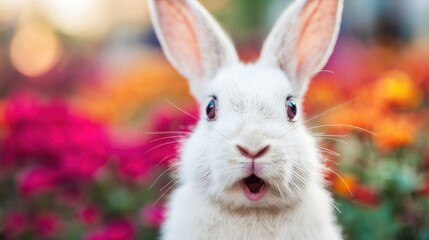 Obraz premium Rabbit in a garden surrounded by colorful flowers during the daytime