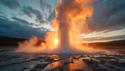 Sunset over geyser eruption with steam, sunlight, clouds. Water reflects orange glow on terrain. Natural wonder displays geothermal activity in scenic landscape. Concept for travel, power, eco