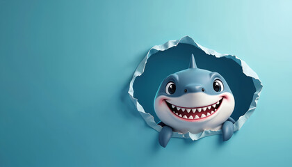 Charming cartoon peeks through ripped hole. Happy smiling animal with big teeth against blue background. Creative design for kids, celebration. Funny underwater character in studio. Ideal for cards