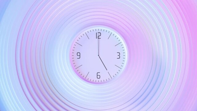 Minimalist analog clock with hands spinning through a full 12-hour rotation. Modern loop on a pastel concentric circle background for scheduling, deadlines, and time management concepts.