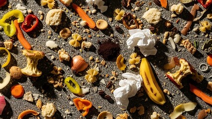 Overhead View of Scattered Food Waste and Organic Scraps on Gray Concrete Surface