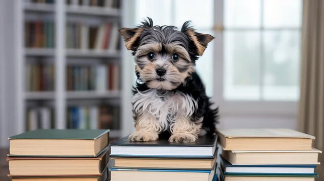 Adorable morkie puppy sitting on stack of books curious expression
