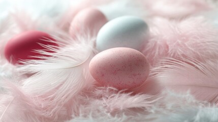 Colorful eggs on soft feathers with a pastel theme for spring season