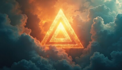 Abstract illustration of a glowing triangular symbol in the clouds. The triangle radiates light signifying spirituality and faith. Imagery suitable for religious themed designs and concepts.