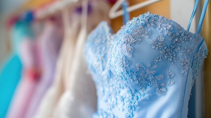 Elegant blue dress hanging among various dresses in a fitting room