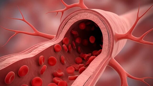 Red blood cells flowing through a blood vessel. Abstract medical animation of human body fluid circulation. Biochemistry concept.