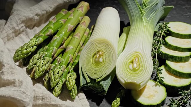 Elegant Still Life Of Fresh Spring Vegetables on Dark Background, Asparagus and Leeks