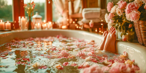 A warm and relaxing bath scene with rose petals floating in water, soft candlelight, and feet resting in a bathtub, creating a romantic and soothing atmosphere.