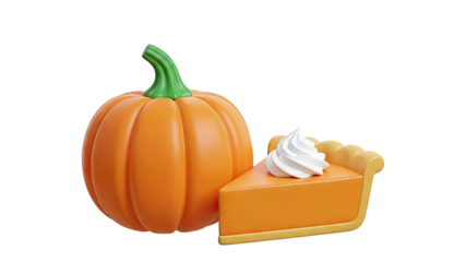 3D Render of Pumpkin and Slice of Pumpkin Pie with Whipped Cream