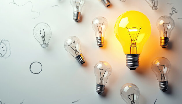 Bright glowing lightbulb among others. Illustration of ideas creativity and thinking in business or tech. Concept of innovation solution and inspiration. Bright idea concept. - Powered by Adobe