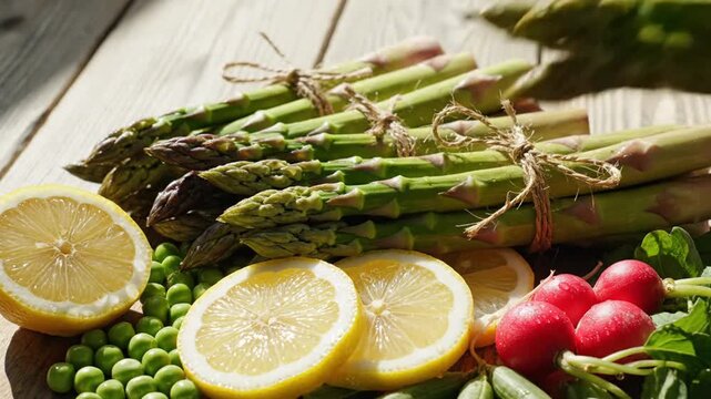 Elevated Asparagus Close Up Display With Fresh Lemon Radishes And Peas For Culinary Stock