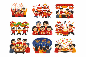Fototapeta premium Chinese New Year Icon Set Illustrating Festive Crowd and Community Energy Flat Vector