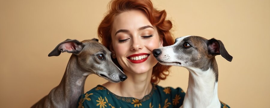 Woman smiles joyfully with two greyhound dogs nuzzling her face. Close bond and affection shown between human and pets. Pure happiness and tenderness in indoor portrait setting.