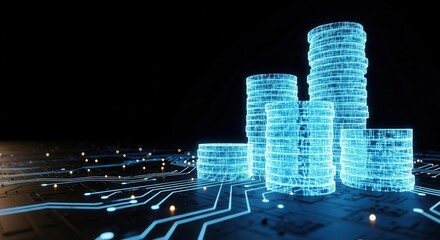 Glowing digital coins stacked high on futuristic circuit board