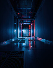 View of a server room corridor with lights and reflections at a data center during night hours