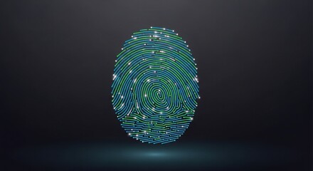 Glowing blue and green fingerprint with neon lines on dark background